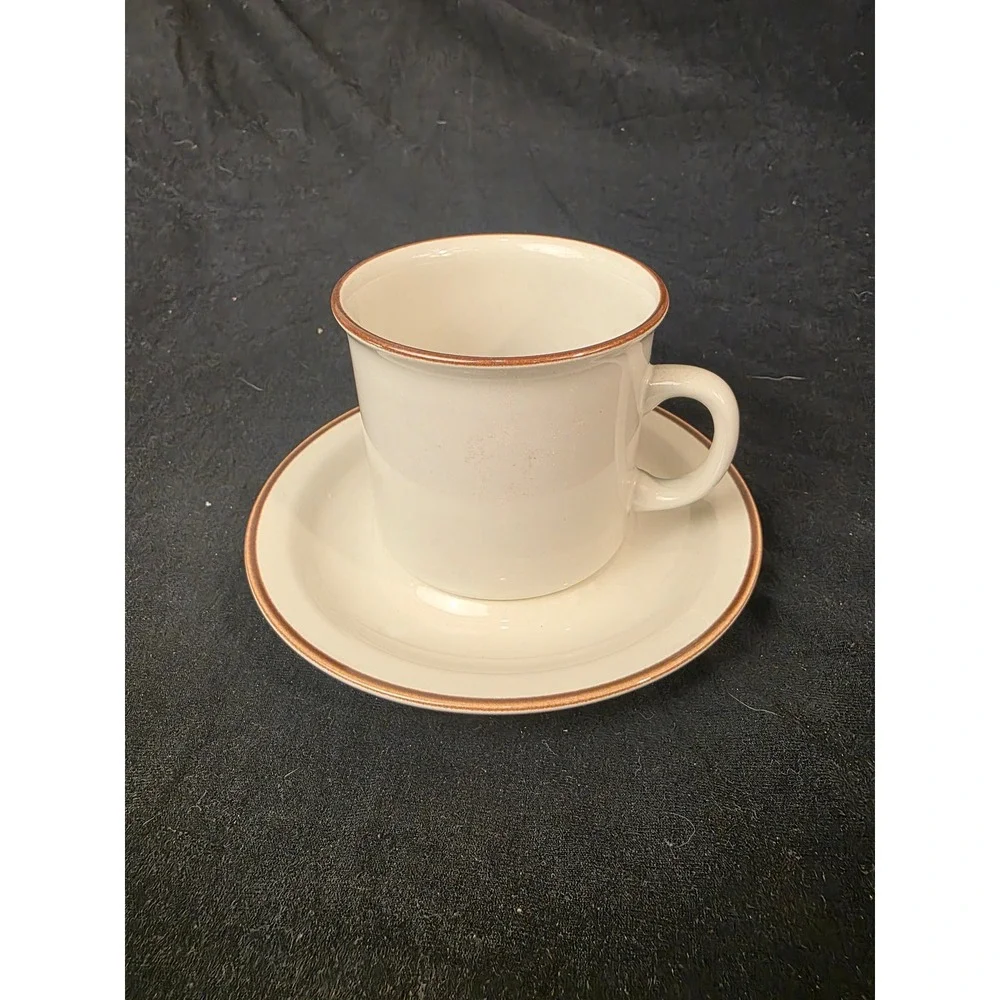 Grace Stoneware Japan Tea / Coffee Cup and Saucer Set Vintage Cream Brown Rim